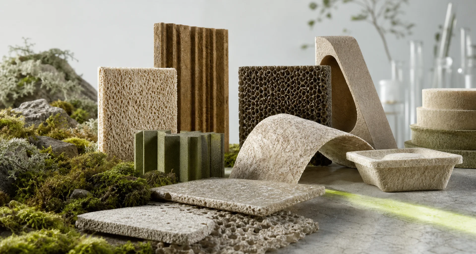 Sculpted biomaterial panels formed from fibers and mycelium